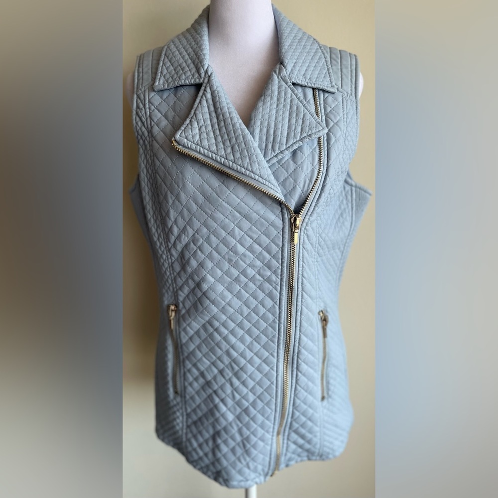 NWT LOVE TOKEN FAUX LEATHER ASYMMETRICAL ZIP FRONT VEST DREAM BLUE, SZ M